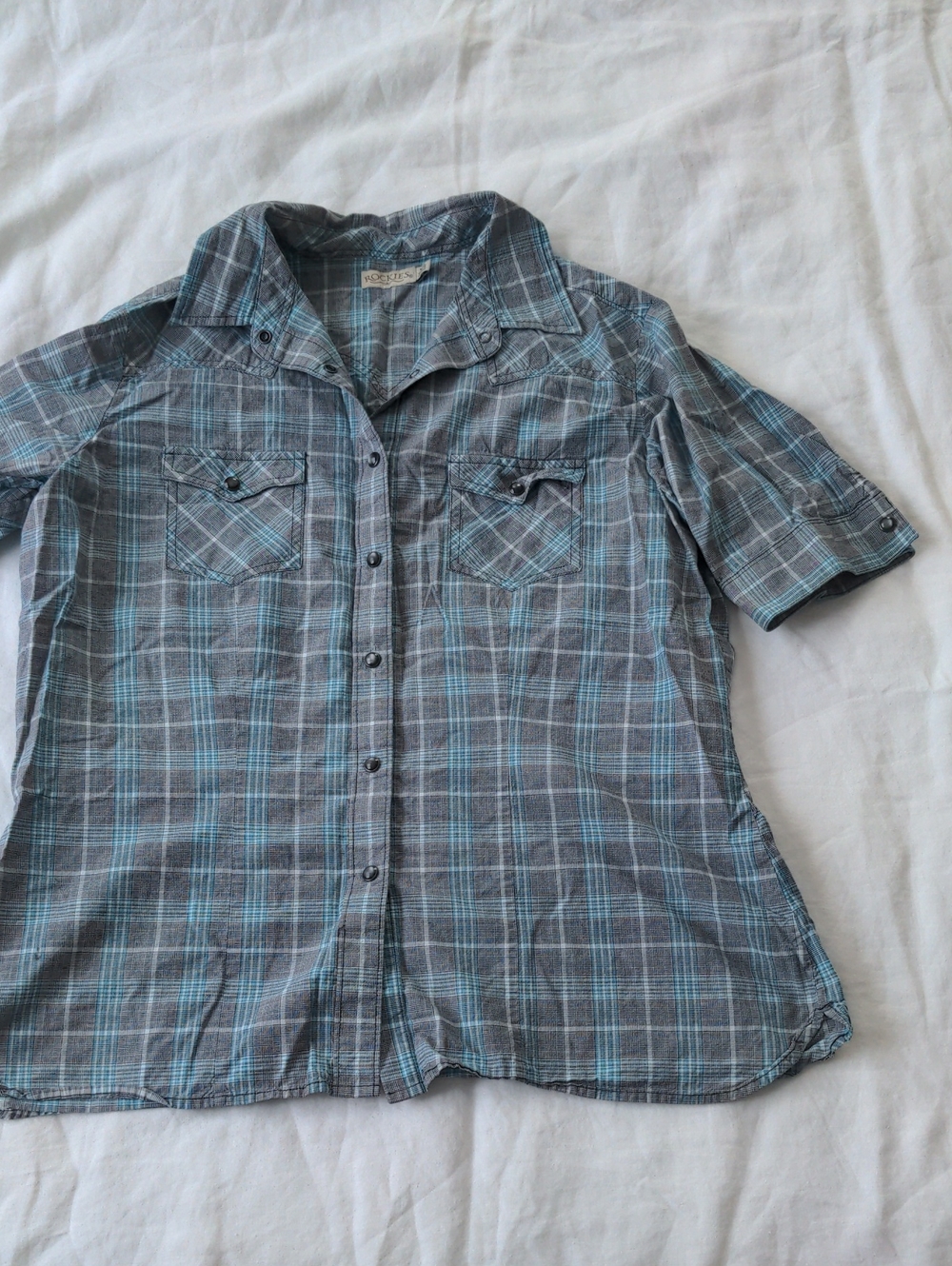 Rockies Blue And Gray Plaid Pearl Snap Button Short Sleeve Shirt Size XXL